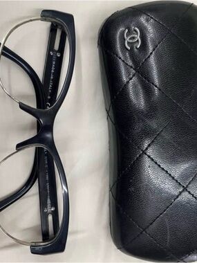 CHANEL Black Quilted Leather Eyeglass Case with Black Frames